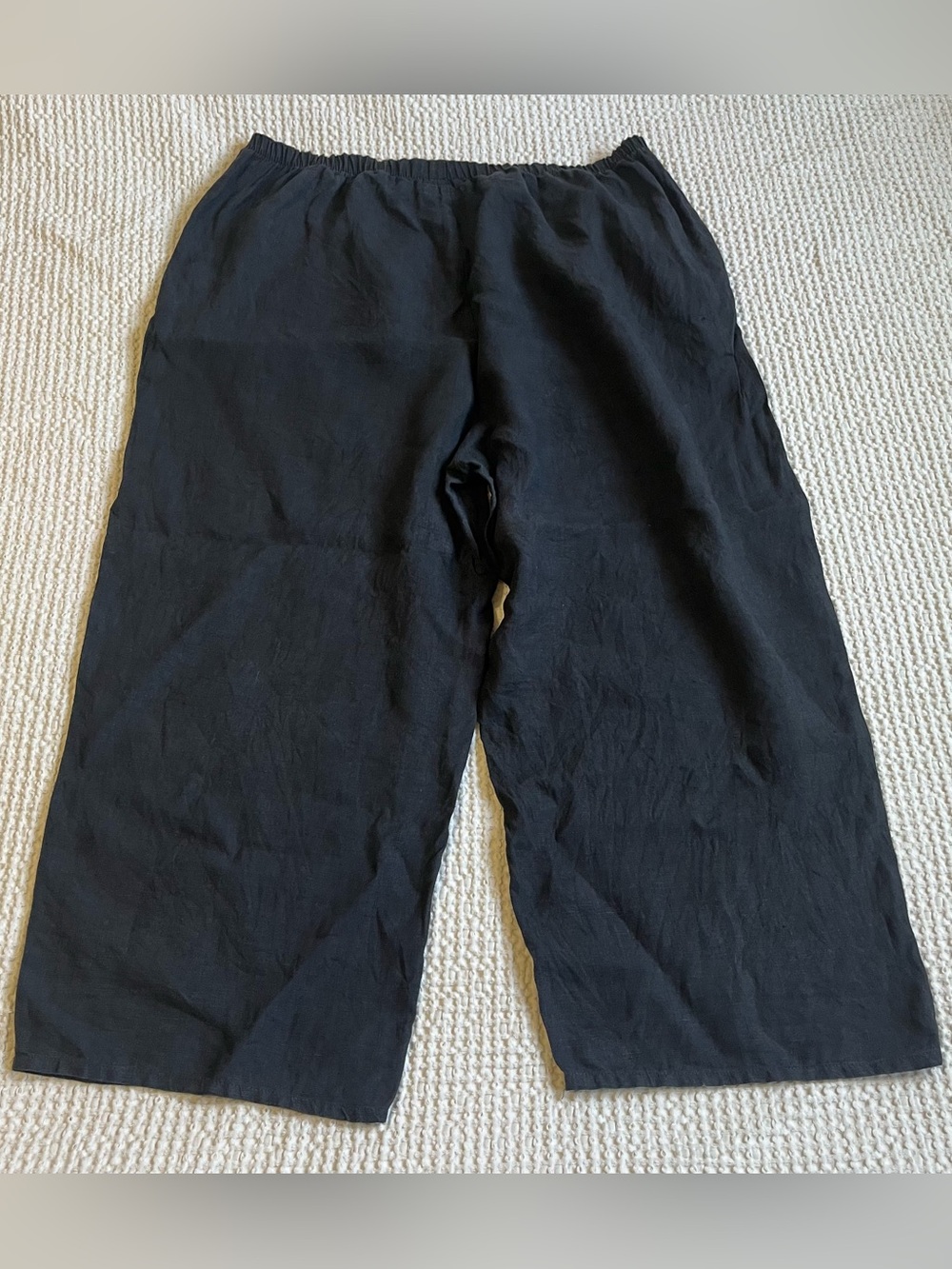 FLAX Womens 2G Black 100% Linen Wide Leg Cropped Elastic Waist Pants Plus Size